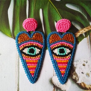 Evil eye earrings, Embroidery heart earrings, Large beaded eye earrings, Beadwork trending earrings, Evil eye jewelry, Seed bead earrings