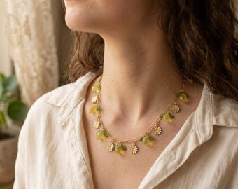 Lemon & Daisy Beaded Necklace: Fruit Flower Pendant