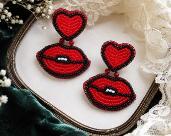 Handmade Beaded Heart & Lips Earrings, Red Statement Earrings, Kiss Lips Jewelry, Valentine's Day Gift, Romantic Earrings