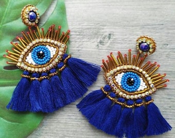 Bohemian Navy Blue Tassel Evil Eye Dangle Earrings