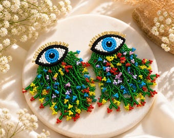Evil Eye Beaded Earrings, Statement Fringe Earrings, Colorful Bead Embroidery Earrings, Boho Eye Earrings, Handmade Long Earrings Gift