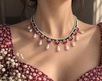 Mushroom Necklace, Handmade Beaded Mushroom Jewelry, Red Green White Necklace with Pearl Drops, Whimsical Statement Jewelry