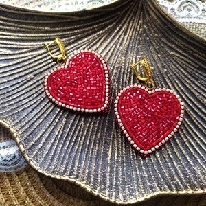 Sparkling beaded red heart earrings. Bead embroidery chunky earrings.