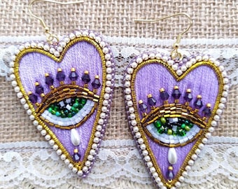 Lavender Heart Evil Eye Dangle Earrings: Bead Embroidered Jewelry