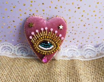 Pink Beaded Heart Brooch with Evil Eye – Handmade Embroidered Pin