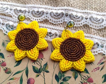 Beaded Sunflower Earrings: Embroidered Floral Jewelry