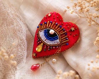 Red Evil Eye Heart Brooch, Handmade Beaded Heart Pin, Sacred Heart Brooch, Celestial Eye Pin, Whimsical Jewelry, Statement Brooch