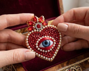 Red and gold Beaded Evil Eye Brooch – Sacred Heart Protection Jewelry