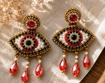 Beaded Evil Eye Earrings, Beaded Statement Earrings, Red Crystal Earrings, Gothic Jewelry, Boho Eye Earrings, Witchy Gift for Her