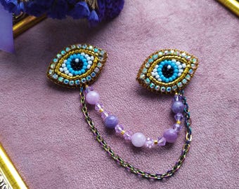 Beaded Evil Eye Collar Pin: Amethyst Chain Brooch