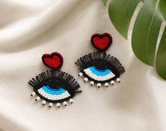 Handmade Beaded Evil Eye Earrings, Red Heart Statement Earrings, Blue Eye Bead Earrings, Whimsical Jewelry, Gothic Boho Gift for Her