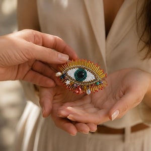 Handmade Evil Eye Pin – Bead Embroidered Brooch