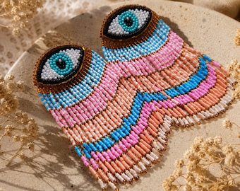 Evil Eye Beaded Fringe Earrings, Colorful Seed Bead Statement Earrings, Boho Tassel Earrings, Handmade Festival Jewelry, Gift for Her
