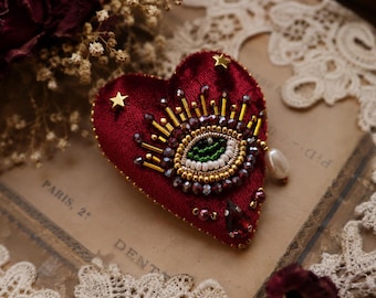 Handmade Sacred Heart Eye Brooch, Red Velvet Beaded Heart Pin, Gothic Eye Brooch, Whimsical Embroidered Heart, Statement Jacket Pin