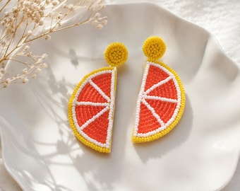 Handmade Beaded Grapefruit Slice Earrings, Citrus Fruit Jewelry, Summer Statement Earrings, Seed Bead Earrings, Gift for Her