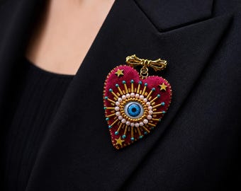Mystical Evil Eye Brooch, Sacred Heart Beaded Pin, Celestial Heart Jewelry, Gothic Romantic Accessory, Handmade Gift for Her