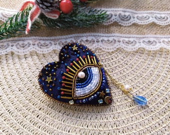 Beaded Eye Velvet Heart Brooch, Navy Blue Anniversary Gift