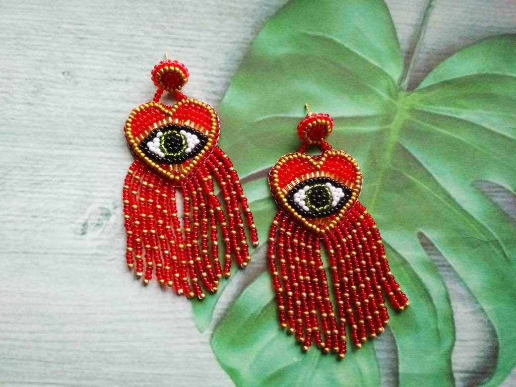 Eye Heart Earrings Beaded Red Evil Eye 