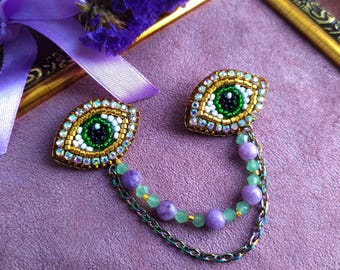 Green Evil Eye Collar Pins: Amethyst Beaded Broach