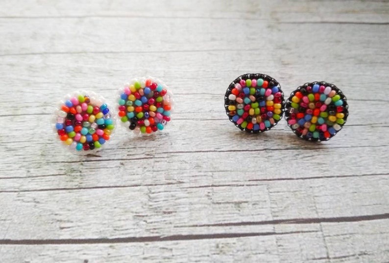 Small stud earrings Tiny geometric studs Flat stud earrings Tiny flat studs Round flat studs Rainbow stud earrings Beaded earrings