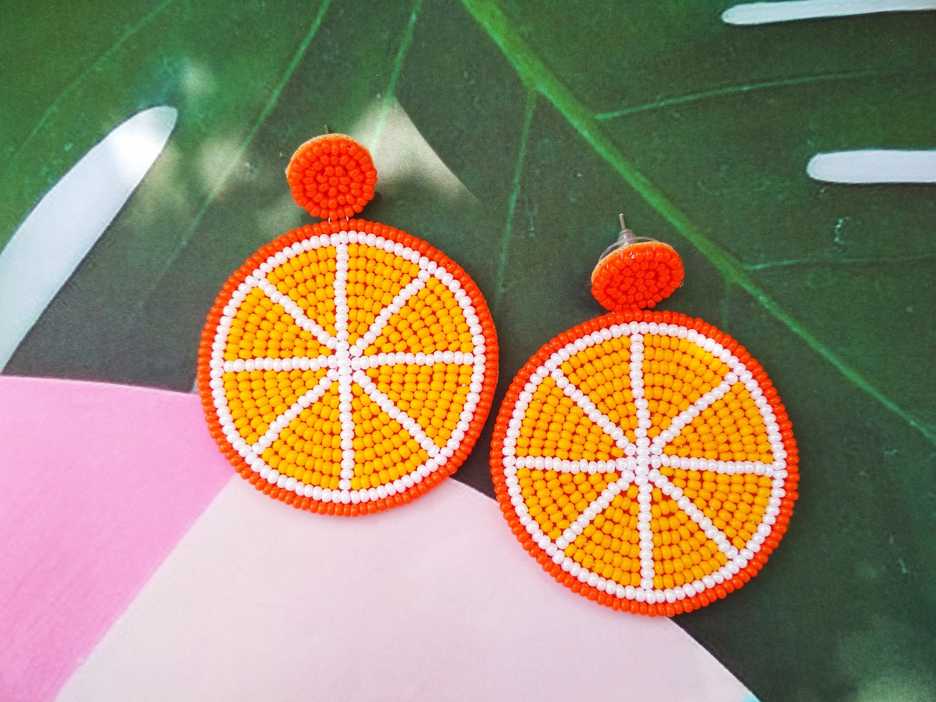 Orange earrings Fruit earrings Food earrings Flat seed bead Etsy