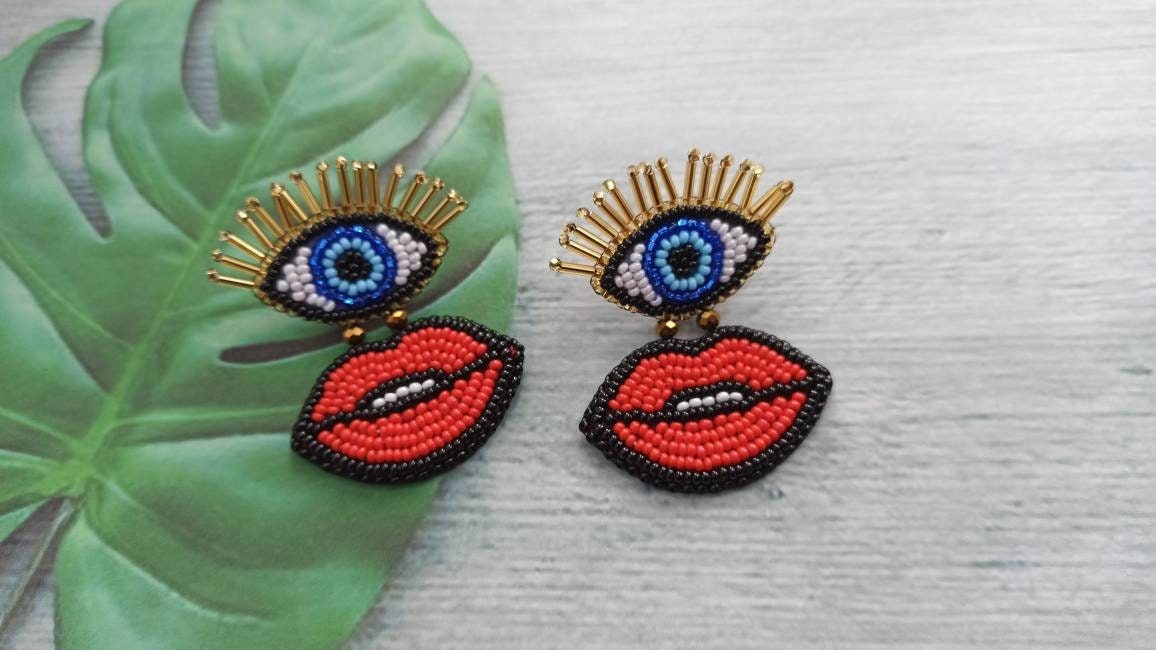 Bead Embroidery Blue Eyes and Red Lips Earrings Evil Eye Earrings
