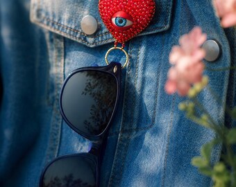 Red Heart Eyeglass Holder Brooch with Blue Eye – Crystal Beaded Glasses Holder Pin
