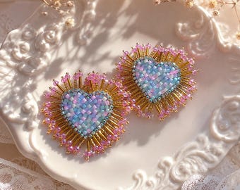Starburst earrings. Unique beaded chunky colorful heart earrings stud. Quirky maximalist jewelry. Officiant gift.