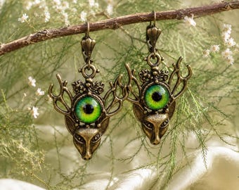 Mystic Deer Eye Earrings – Forest Witch Jewelry with Antlers & Green Evil Eye