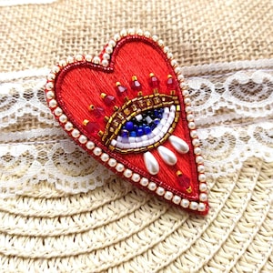 Red Heart Evil Eye Brooch: Embroidered Protective Jewelry