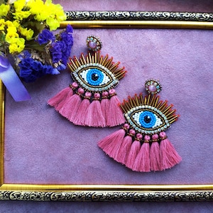 Handmade Beaded Evil Eye Tassel Earrings: Pink & Gold Jewelry