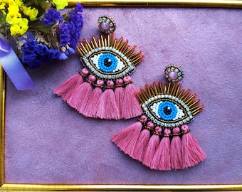 Handmade Beaded Evil Eye Tassel Earrings: Pink & Gold Jewelry