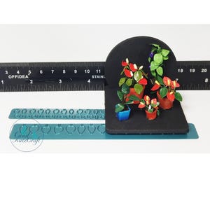 May include: A set of miniature potted plants with red and green leaves, displayed on a black foam base. The plants are arranged in a semi-circle, with the tallest plant in the centre. The plants are in small pots, some with red and some with blue paint. The base is surrounded by a blue plastic ruler with markings in inches and centimetres.