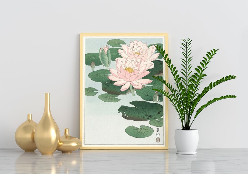 Waterlily Japanese Print Lotus Flower Wall Art remastered Etsy