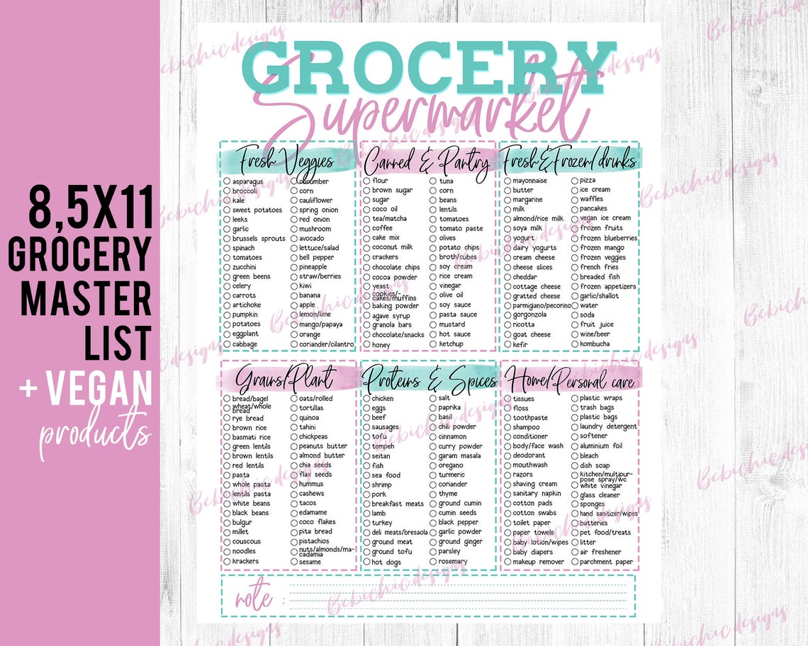 grocery list printable master grocery healthy vegan etsy