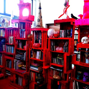 May include: A vibrant red bookshelf display made from wooden crates. The shelves are filled with books, CDs, and decorative items, including skulls and sculptures. The display has a unique, artistic aesthetic.