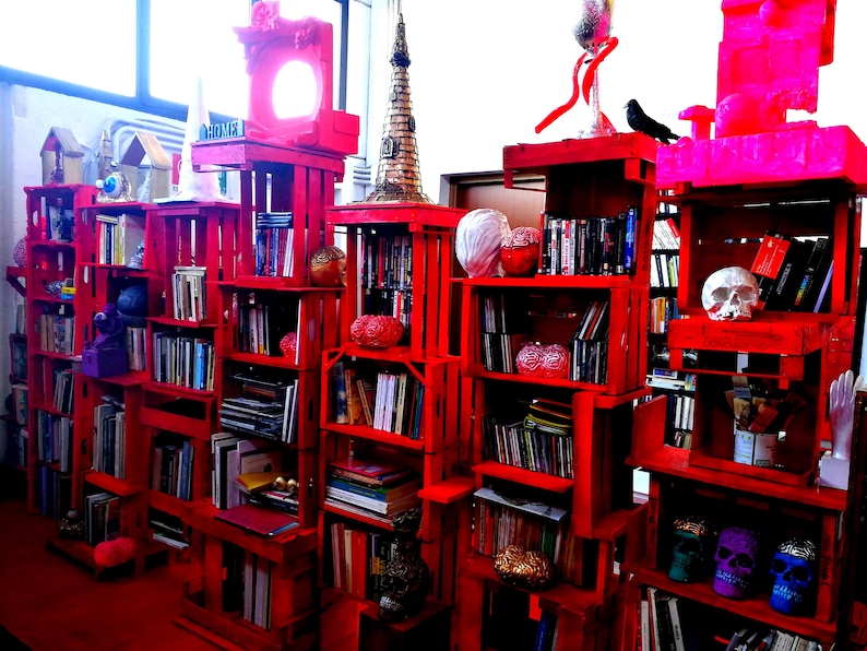 May include: A vibrant red bookshelf display made from wooden crates. The shelves are filled with books, CDs, and decorative items, including skulls and sculptures. The display has a unique, artistic aesthetic.