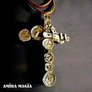 Steampunk Cross Punk Gothic Pendant, Clock Time Kronos Cronus Symbol, Dark Witch Jewelry, Goth Jewel Modernist Brutalist