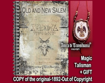Salem, Massachusetts, Libro antiguo de brujería y ocultismo, ceremonial satánico oculto, ritual mágico del sabbat, grimorio esotérico.