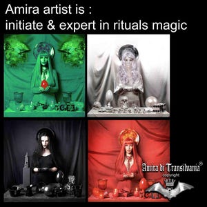 May include: A collage of four images featuring a woman in different settings, each with a distinct color scheme: green, white, black, and red. The images include ritualistic objects and the text "Amira artist is: initiate & expert in rituals magic" and "Amira di Transilvania copyright".