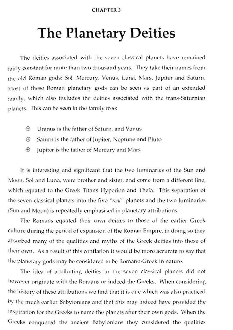 May include: A page from a book titled "The Planetary Deities." The text discusses the origins of planetary names, referencing Roman and Greek gods. The chapter begins with "Chapter 3" at the top.