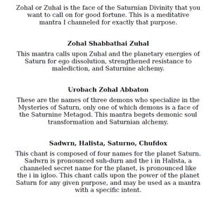 May include: A black and white text document with the title "Meditative Mantras for Saturnine Gnosis". The document contains a list of mantras and chants related to Saturnian alchemy and the planet Saturn.