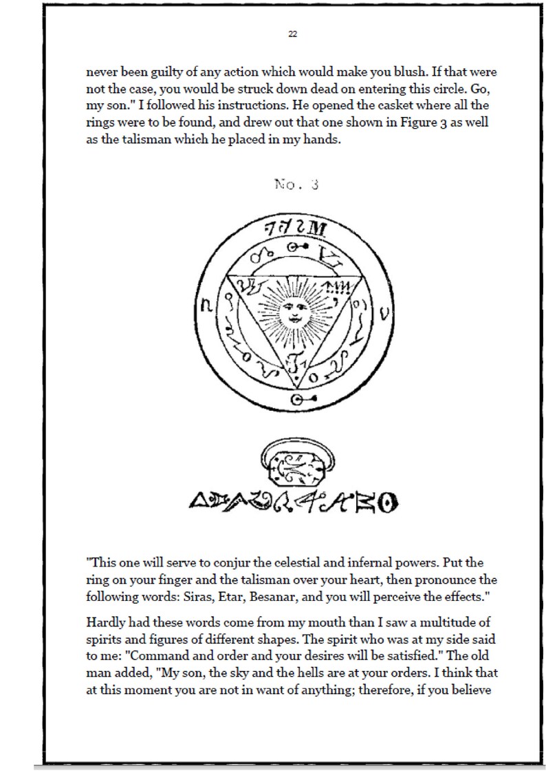 Op de afbeelding: Zwart-wit illustratie van een mystiek talisman met een zonnesymbool in een driehoek, omringd door symbolen en tekst. Daaronder een kleiner, gedetailleerd ontwerp en tekst. De pagina komt uit een boek.