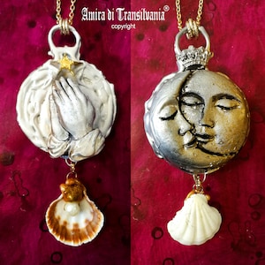 Sun and Moon, Magic Talisman Astrological Zodiac, Magical Power Symbol, Prayer Pendant Jewelry, Celestial Amulet Shell