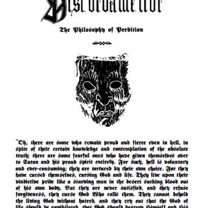 Pu&ograve; includere: Pagina in bianco e nero da un libro intitolato "Discordamelior: The Philosophy of Perdition". La pagina presenta testo in stile gotico, un'illustrazione di maschera stilizzata e una citazione da "I fratelli Karamazov" di Dostoevskij.