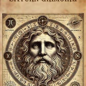 May include: A vintage-style illustration of a bearded man's face surrounded by a circular design with astrological symbols and the text "Saturn Grimoire". The image has a brown and gold color scheme and a distressed, aged look.