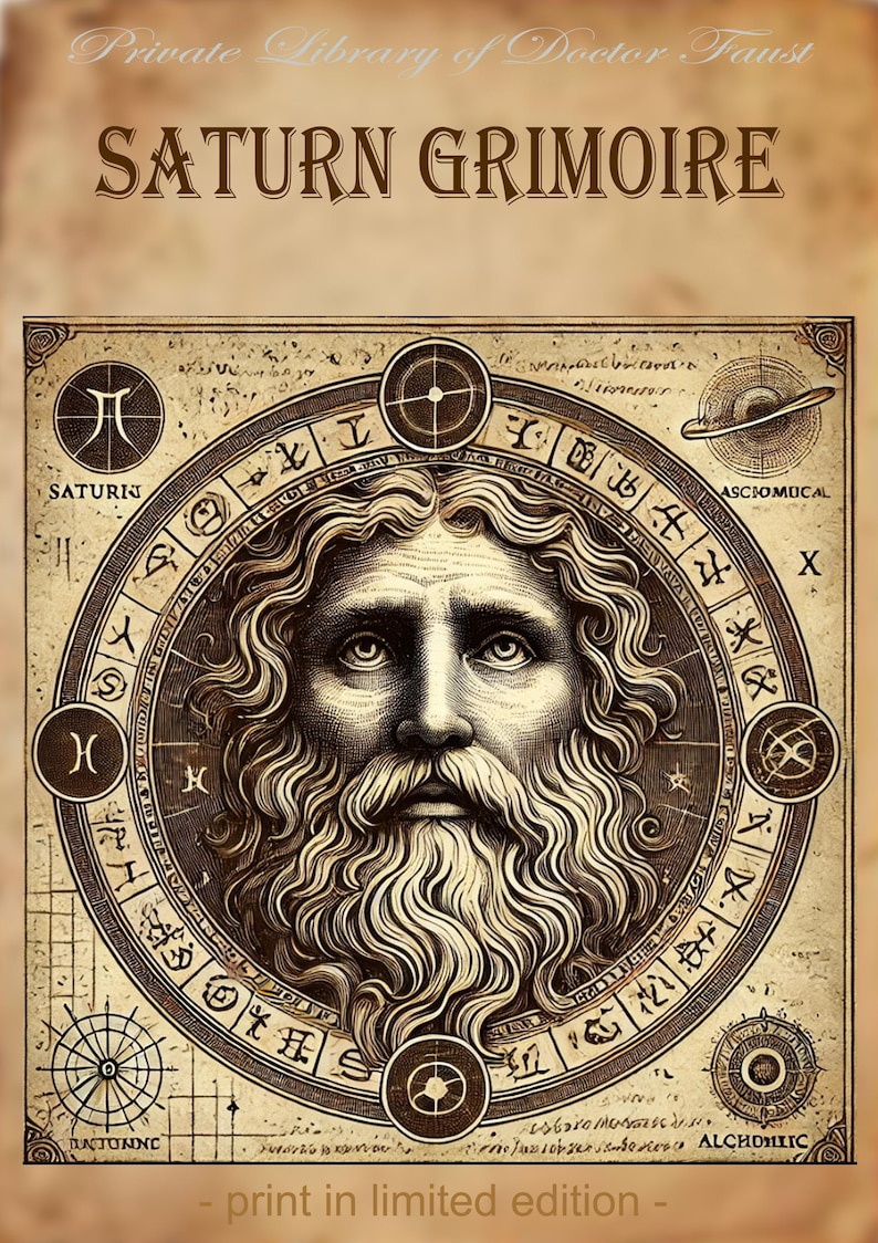 May include: A vintage-style illustration of a bearded man's face surrounded by a circular design with astrological symbols and the text "Saturn Grimoire". The image has a brown and gold color scheme and a distressed, aged look.
