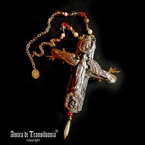 Alchemy Cross Pendant, Sun and Moon Baroque Rococo Necklace, Magic Talisman Religious Symbol, Esoteric Jewelry Madonna