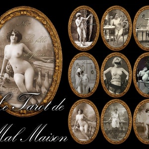 Erotische Tarotkarten, Orakel Deck Vintage Sexy Bild, Maison Bordell Paris nackte Frau, nackter Körper Foto Lady Seltene Antik