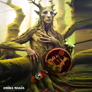 Peut inclure: Image à thème fantastique d'une créature arboricole avec des bois et un pendentif en bois détaillé. Le pendentif a un fond rouge avec une scène peinte. La scène se déroule dans une forêt aux tons verts et bruns.